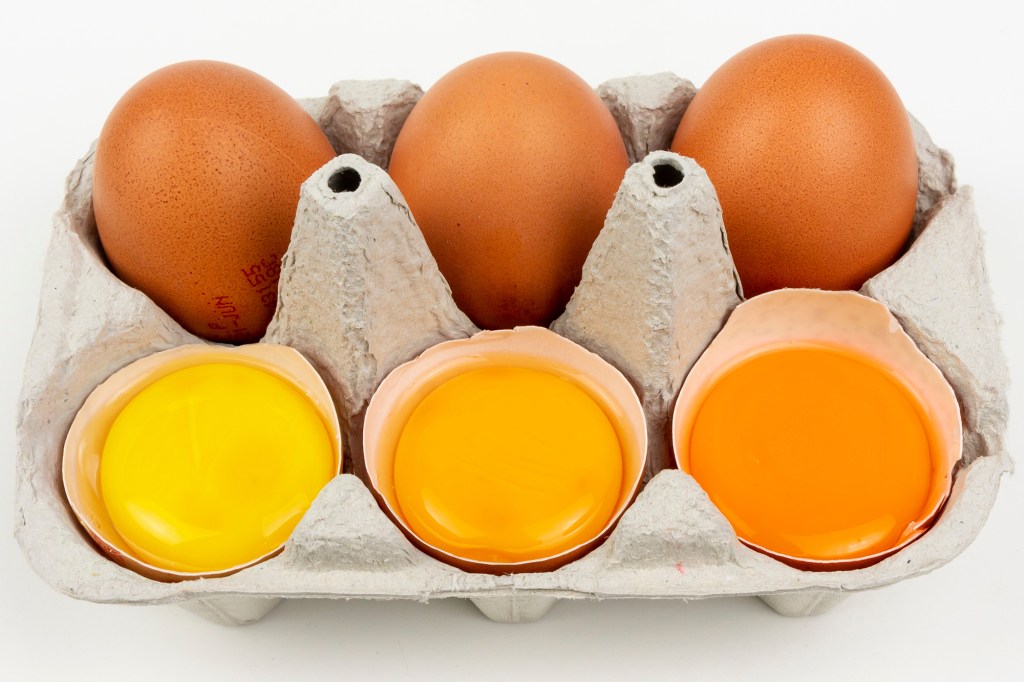 Woman separating egg yolk from white over bowl on gray table, close-up