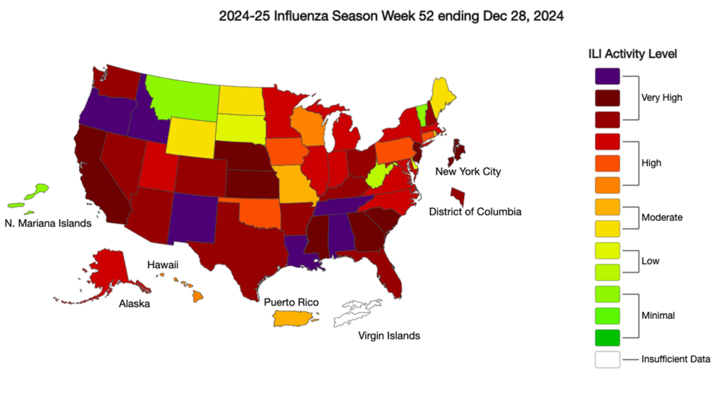 This CDC graphic shows which states have been hit hard by the flu.